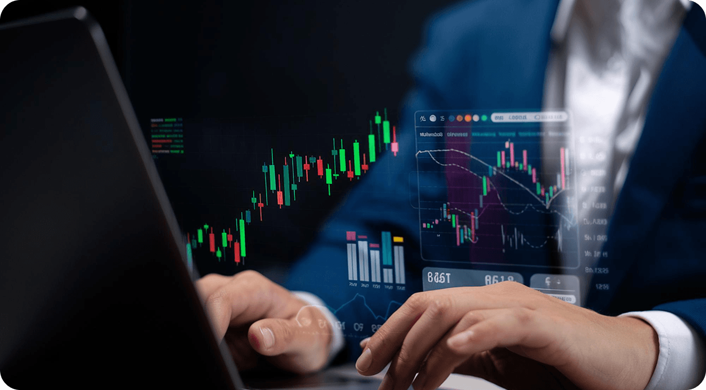 A trader interacting with a futuristic chart hologram on a laptop