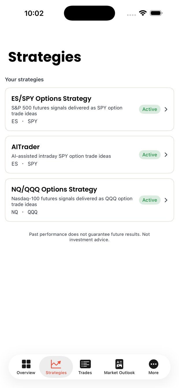 The strategies screen in the AlgoIndex iOS app
